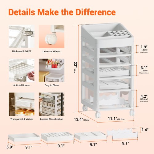 HamRoRung 5 Tier Floor Makeup Organizer Storage with Detachable Compartments, Organized Arrangement, Transparent Standing Makeup Organizer, Makeup Storage Cart, No Complex Assembly