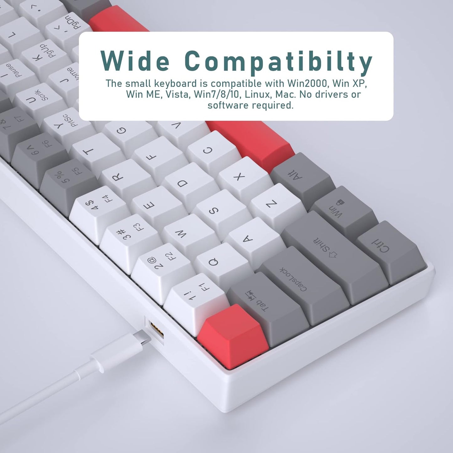 60% Mechanical Gaming Keyboard, White Gaming Keyboard with Red Switches, Detachable Type-C Cable Mini Keyboard with Blue LED Light for/PC/Laptop