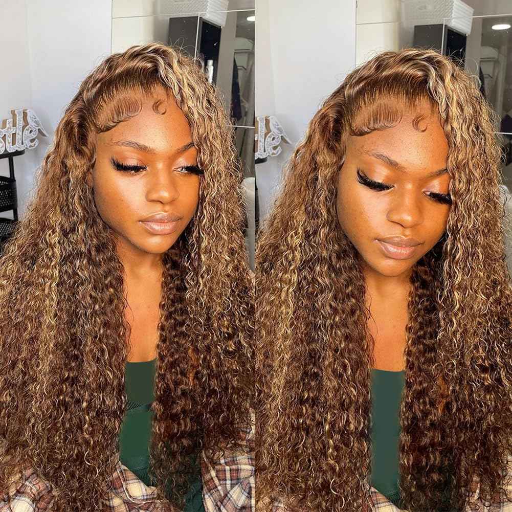Highlight Ombre 13x6 Deep Wave Lace Front Wigs Human Hair Wet and Wavy 180 Density Curly Honey Blonde 4/27 HD Lace Frontal Wig for Women Pre Plucked Bleached Knots 26 Inch