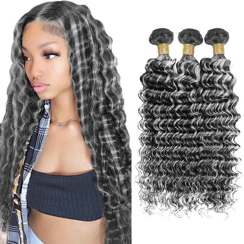P1Bgrey Bundles Highlight Deep Wave Human Hair Bundle Grey Hair Weave Two Tone Black And Foxy Silver 3 Bundles 12 14 16 Inch #1Bgray Ombre Deep Curly Bundle