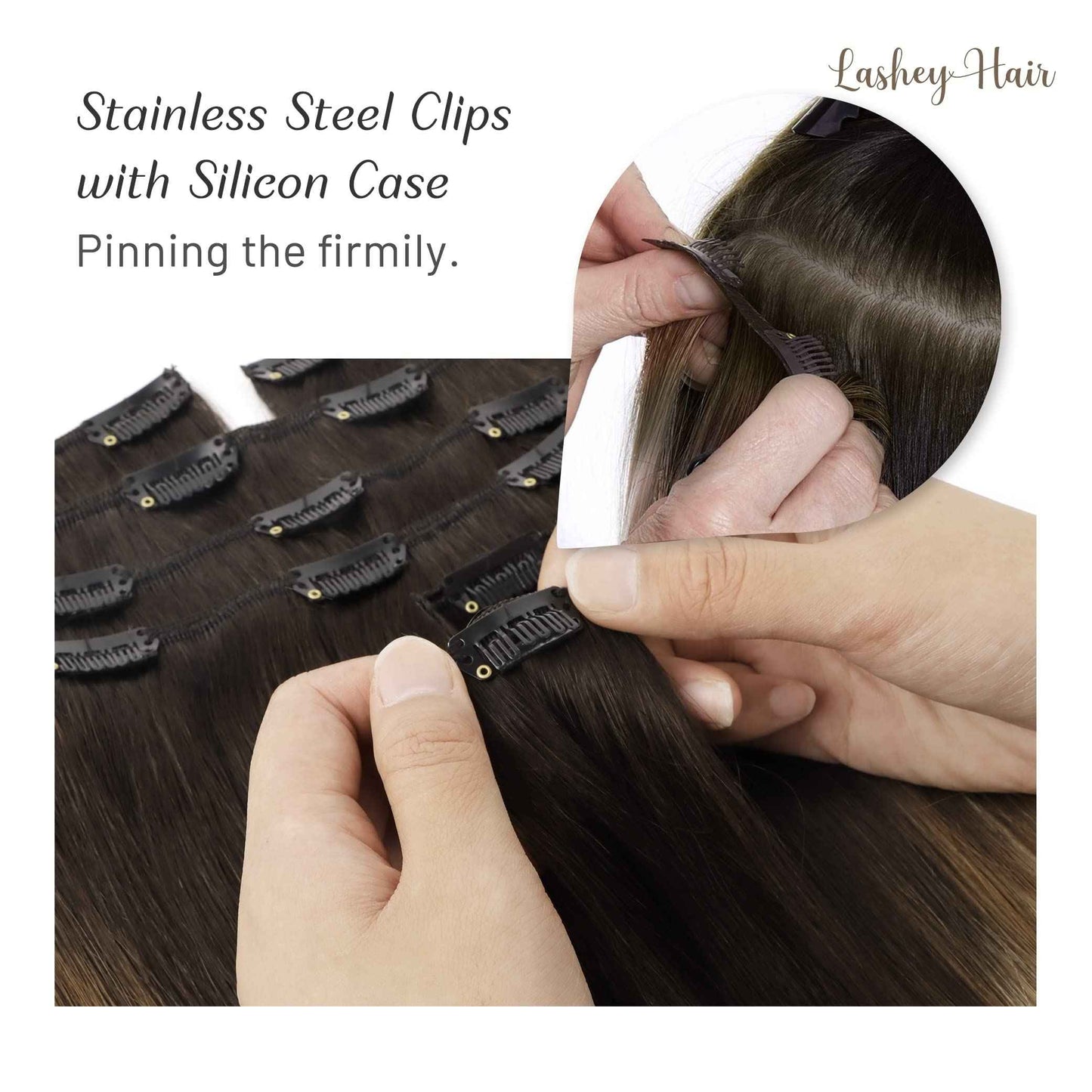Lashey Clip in Hair Extensions - 22 inch Dark Brown to Chestnut Brown & Dirty Blonde Highlighted Real Human Hair - 120g 7pcs