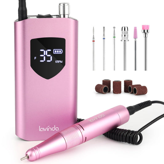 Lavinda Nail Drill 35000 RPM, Cordless Rechargeable Electric Nail File Machine, Professional Efile for Acrylic Nails, Gel Polish, Cuticle Removal, Home and Salon (Pink)