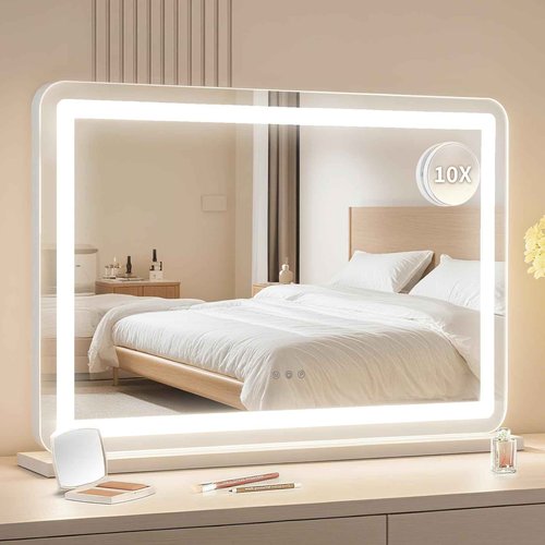 GarveeHome 30.15 in x20.19 in Lighted Makeup Mirror，Led Makeup Mirror,Three Color Lighting Modes, and 10X Magnification Mirror, Smart Touch Control,2 in-1 Vanity Mirror Both Tabletop and Wall-Mounted