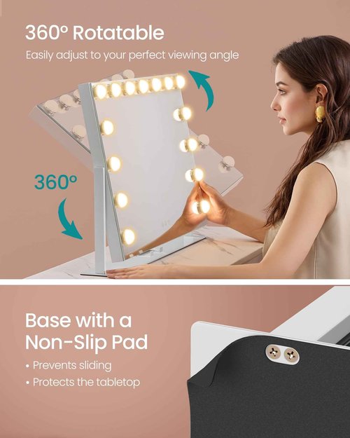 SONGMICS Vanity Makeup Mirror with Lights, Touch Control, 15 LED Bulbs, with Charging Ports, Detachable 10X Magnifying Mirror, 3 Color Temperatures, Dimmable, Phone Holder, Matte White ULWM001W01V1