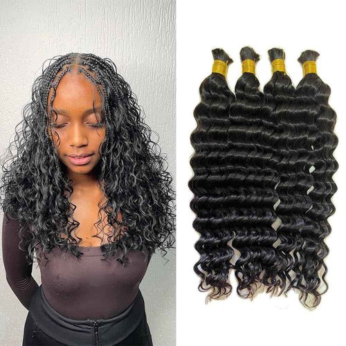 XISHIHONGYAN Bulk Human Hair Deep Curly - 4 Bundles (200g) Weft-Free Seamless for Box & Boho Knotless Braids 16" 18" 20" 22" Natural Black