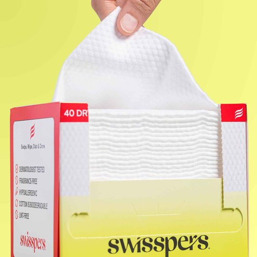 Swisspers Premium 100% Cotton Dry Facial Wipes - Hypoallergenic, Biodegradable Beauty Cloths with Dot Embossing - Vegan Makeup Remover Towelettes for Women & Men, 40 Count (Pack of 4)