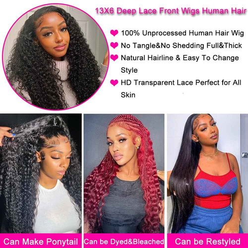 Nervoss 26 Inch Deep Wave 13x6 HD Transparent Lace Front Wigs Deep Curly Lace Frontal Glueless Wigs Human Hair Pre Plucked with Baby Hair Natural Hairline Wet and Wavy Wigs180% Density