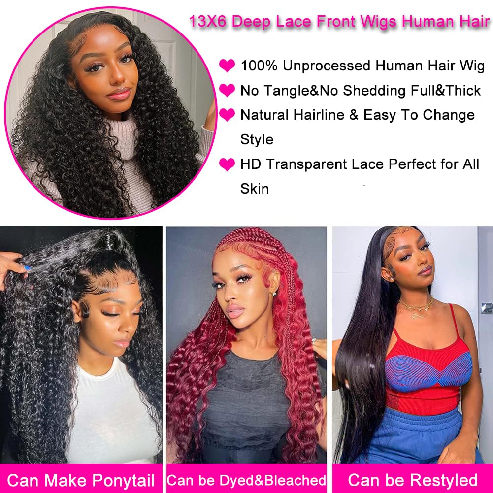 Hswpawk Lace Front Wigs Human Hair Pre Plucked 180% Density 13x6 Deep Wave Wigs Human Hair Glueless Wigs for Women Curly Wigs HD Transparent Lace Frontal Wigs Natural Color 22 Inch