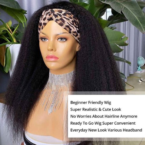 VIVIBABI Headband Wig Human Hair Kinky Straight 20 Inch Glueless None Lace Front Wigs for Black Women Headband Half Wigs 180% Density Natural Color