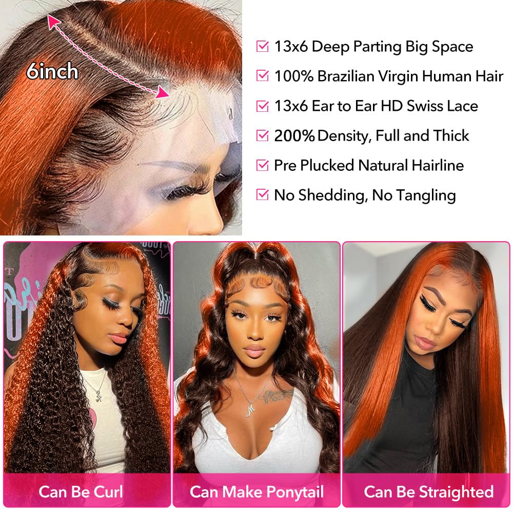 13x6 Lace Front Wigs Human Hair Pre Plucked Highlight 13x6 HD Lace Front Wigs Ginger Orange Human Hair Wigs for Women 13x6 Body Wave Ombre Wig Brazilian Hair22inch