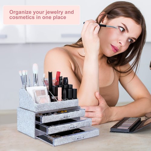 KEYPOWER Makeup Organizers Drawer Bling Diamond,Fashion Countertop Jewelry Cosmetic Storage Display Boxes,Makeup Brush Holder, Cosmetic Holder,2 Pieces Set(Purely Handmade)(White)