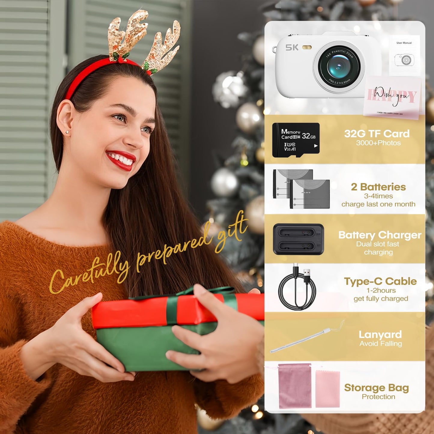 5K Vlogging Camera,80MP UHD Portable Digital Cameras for Vlogging,18X Zoom Travel Point and Shoot Camera with 32GB TF Card,Photography Cameras for Beginners Teen - White