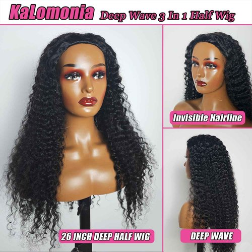 Deep Wave Curly Half Wig Human Hair 200% Density Upgrade Drawstring Seamless Flip Over 3 In 1 Half Wigs for Black Women Wear Go No Lace Glueless Wigs Invisible Hairline Beginner Friendly 20 Inch