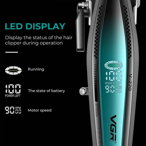 VGR 270 Hair Clippers for Men Professional, Low Noise Cordless High Speed 9000 RPM Fresh Fade Ceramic Blade Barber Clippers, Hair Cutting Kit with 6 Guide Combs, USB Charging Base, LED Display