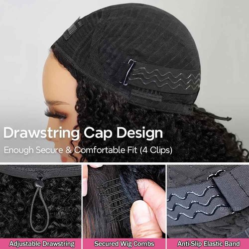 GYRJC 22 Inch Half Wig Human Hair 200% Density Kinky Curly Half Wig 3 In 1 Seamless Drawstring Curly Human Hair Wig Wear Go Glueless Wigs Human Hair Beginner Friendly Short Headband Wig for Women