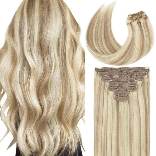 Caliee Clip in Hair Extensions Human Hair for Women Long Soft Silky Double Weft Lace Clip ins P10-613 Highlight Golden Brown and Bleach Blonde 7PCS 20 Inch 120G Real Hair Clip in Hair Extensions
