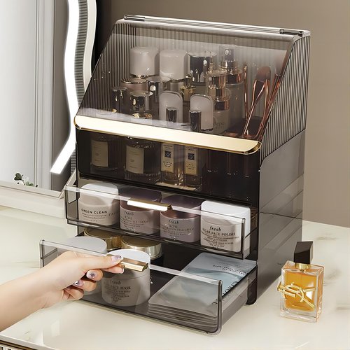 DASITON Dustproof MultiLayer Makeup Brush holder Organizer,Makeup Brush Holder,Makeup Organizers,Large Capacity Desktop Storage Box with Drawer,for Beauty Products...（Grey)