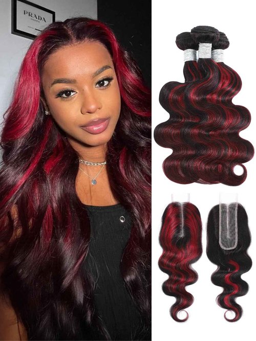 AUROO Burgundy Highlight 2x6 HD Lace Closure With Bundles Body Wave,12A Thick Real Human Hair Bundle Wavy FB/99J Red Burgundy And Black Ombre Human Hair Bundle With Kim K Deep Part Closure 12 14 16+10