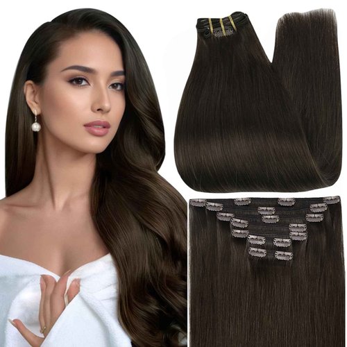 Full Shine Clip in Hair Extensions Real Human Hair Clip in Extensions Dark Brown Hair Extensions Clip ins Brunette Hair Triple Weft 7 Pcs 18 Inch 120 G