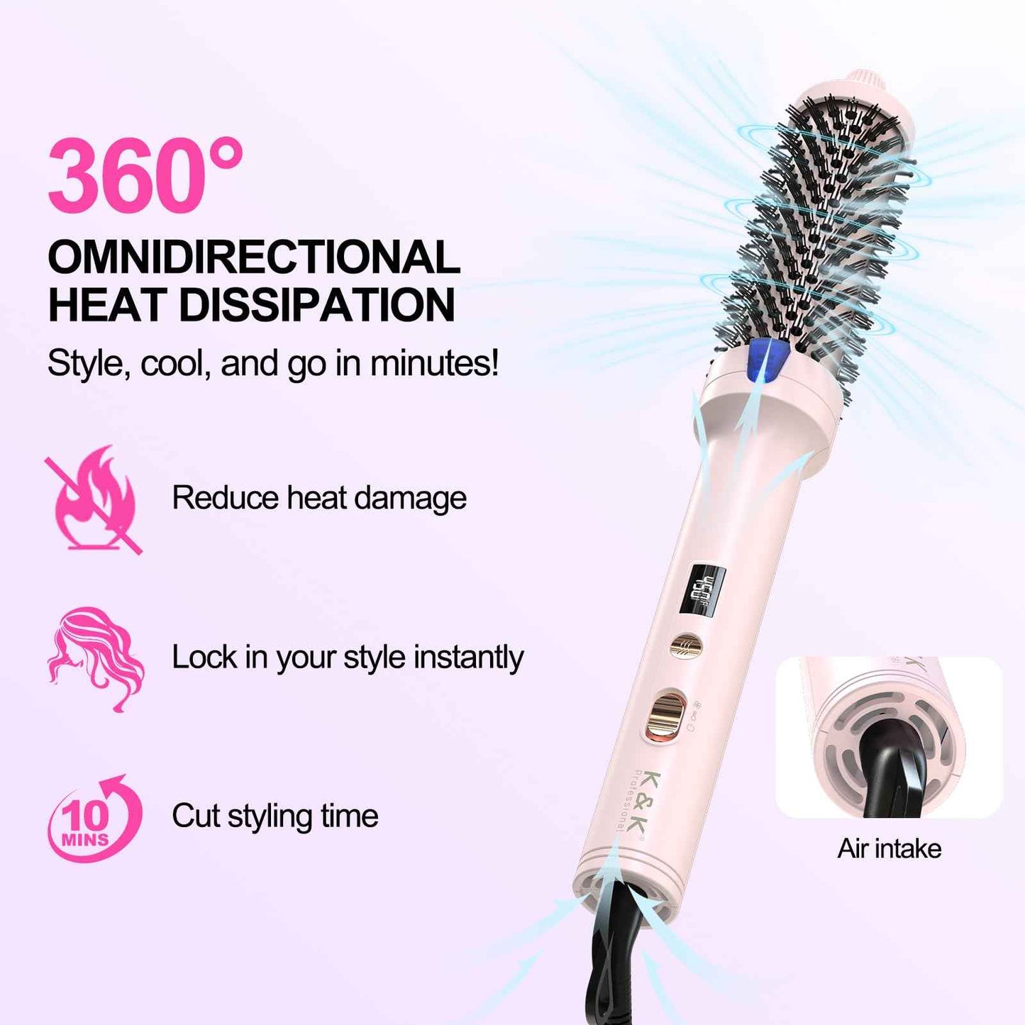 K&K 1.7 Inch Cool-AIR TECH Hair Styling Tool Bounce Brush, Heated Thermal Round Brush with Negative Ion Technology, Multiple Heat Settings for Blowout Look with Hair Care Oil, Temperture Contronal