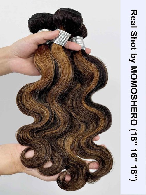 MOMOSHERO Brown Highlight Body Wave Bundles Human Hair, 12A Soft and Glossy Blonde Balayage Ombre Bundles 100% Remy Hair Single Ombre Bundle #1b/30 Piano Color Dark Root 20 Inch