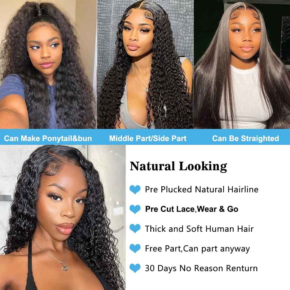 4GIRL4EVER Wet and Wavy Glueless wigs human hair Wear & Go Wigs T Part Lace Front Wigs Pre-cut 4x1 HD Lace Closure Human Hair Wigs for Black Women Water Wave Wig 180% Density Natural Black 20 Inch