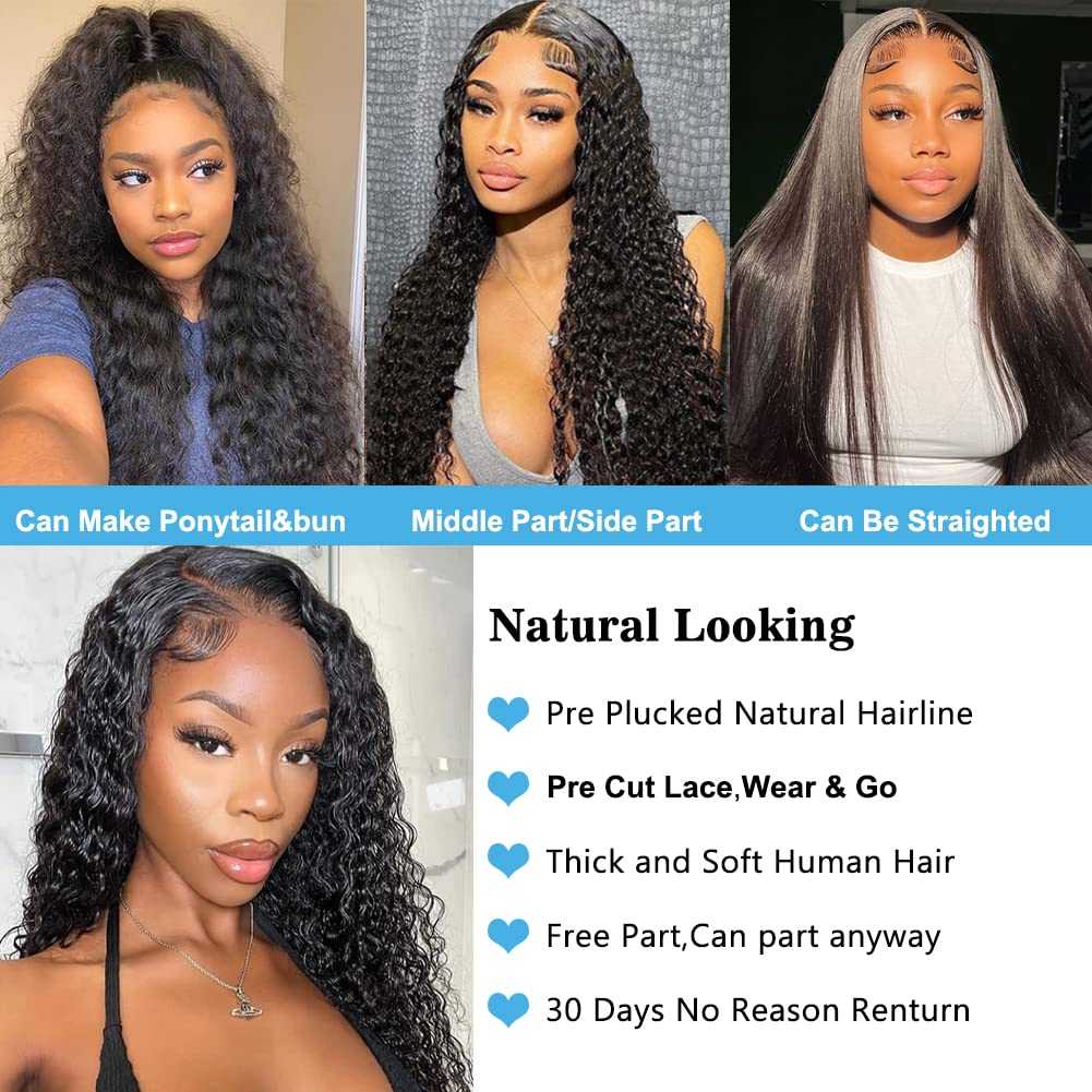 4GIRL4EVER Glueless Wear & Go Wigs Water Wave T Part Lace Front Wigs Human Hair Pre-cut 4X1 HD Transparent Lace Closure Wet and Wavy Wigs for Black Woman Human Hair Glueless Wig 18 Inches