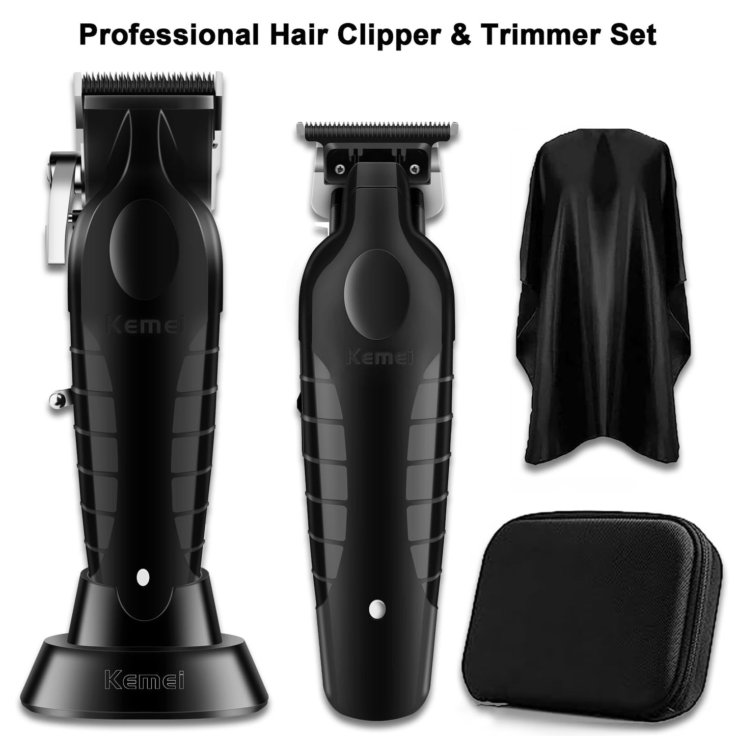 KEMEI Black Professional Hair Clippers and Trimmers Set, Electric Hair Clippers for Men, Cordless Barber Clippers, T Blade Trimmer, Rechargeable Haircut Fade Clippers