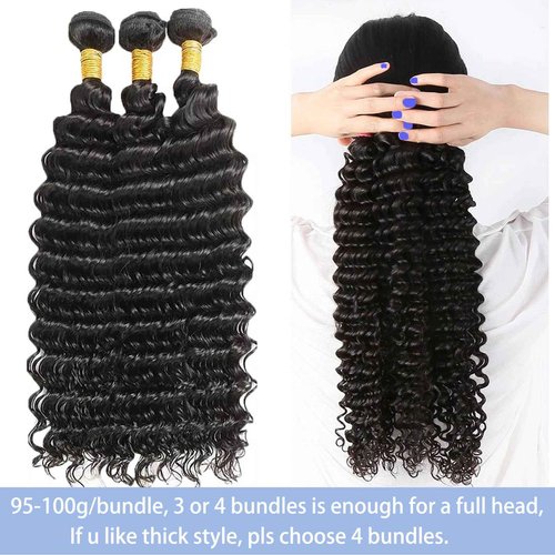 Deep Wave Human Hair Bundles 20 22 24 Inch Deep Curly Bundles Human Hair 12A Unprocessed Brazilian Virgin Weave 3 Bundles Real Human Hair Extensions 1B Bundles for Women