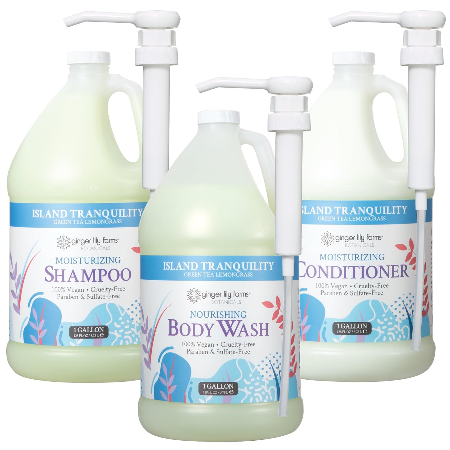 Ginger Lily Farms Island Tranquility Body Wash + Shampoo + Conditioner + (3) Pumps Bundle