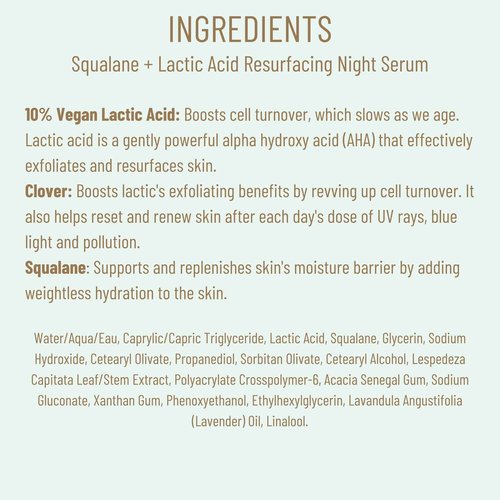 BIOSSANCE Squalane + Lactic Acid Resurfacing Night Serum - Vegan 10% Lactic Acid Face Serum for Skin Texture and Fine Lines - Gentle Night Exfoliant, Hydrating - Pore Reducer for Face, 1.0 Ounce