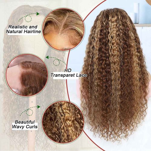 Azibo 13x5 Full Lace Front Wigs Human Hair Pre Plucked 4/27 Water Wave Wigs 200% Density Highlight Honey Blonde Lace Front Wigs Human Hair 20inch