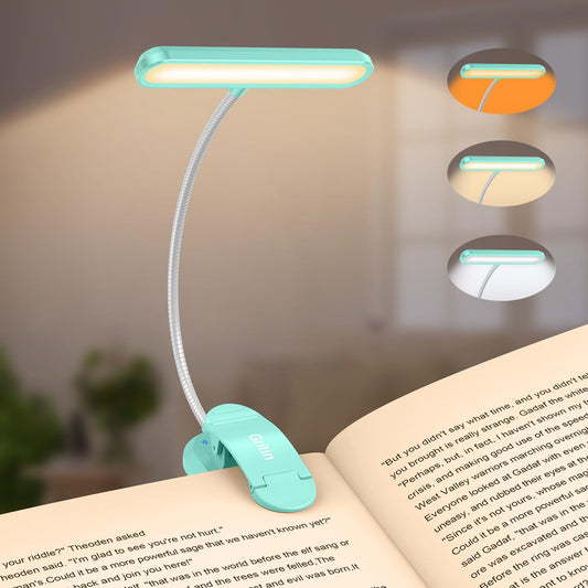 Gritin Rechargeable Book Light for Reading in Bed with 19 LED &Memory Function-Eye Caring 3 Color Temperatures,5 Brightness Levels,80 Hrs Runtime Flexible Goose Neck Clip on Light-Blue