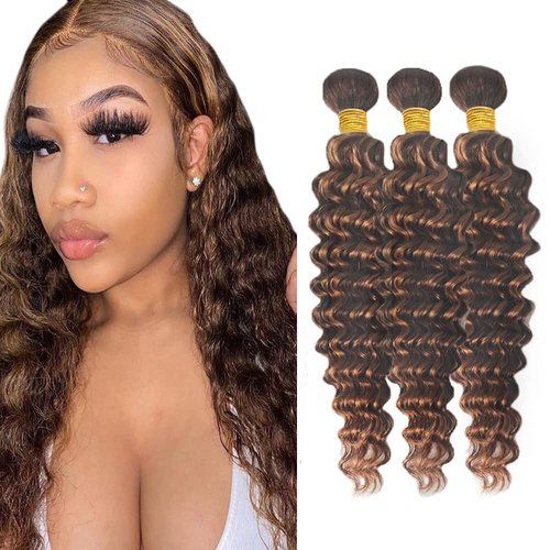 28 30 32 Inch Highlight Bundle Brown Deep Wave Human Hair Bundles Brazilian Unprocessed Virgin Hair 3 Bundles Two Tone #4 Brown Mixed With #30 Light Brown Bundle Hair Weave