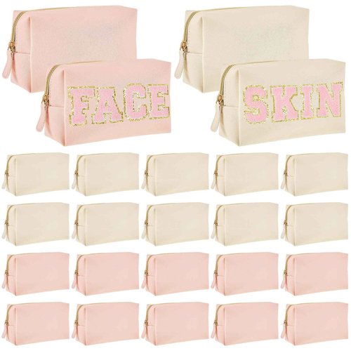 Cunno 24 Pcs Preppy Makeup Bag PU Leather Cosmetic Bag Makeup Pouch Plain Cosmetic Pouch Waterproof Toiletry Bags for Traveling Preppy Travel Purse Cosmetic Organizer