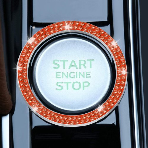 LivTee 2 PCS Crystal Double Rhinestone Car Engine Start Stop Decoration Ring, Bling Car Interior Accessories for Women, Push to Start Button Cover Sticker, Automotive Decals, Reddish Orange