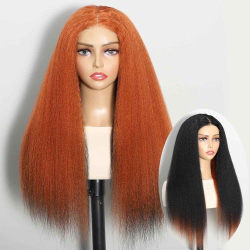 Sogram Wear and Go Glueless Yaki Straight Human Hair Wig Double Wear Wig No Glue Transparent HD Lace Wig 4x4 Kinky Straight Lace Closure Wigs Human Hair 180% Density 22 Inch (Orange and Black)