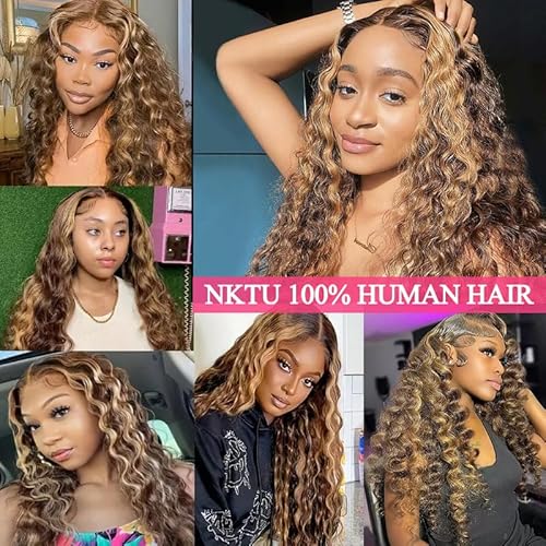 4/27 Deep Wave Lace Front Wigs Human Hair Honey Blonde Highlight Ombre Wigs Human Hair for Women 180 Density 13x4 HD Transparent Lace Frontal Wigs Pre Plucked with Baby Hair 22 Inch