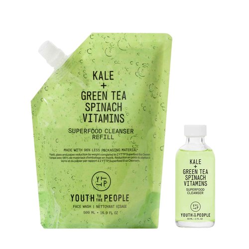 Youth To The People Superfood Cleanser Travel Refill Bundle Set, Kale + Green Tea Face Cleanser (2oz) + (16oz Refill Pouch), Award-Winning Face Wash, Makeup Remover, All Skin Types