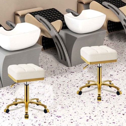 CQAEBK Square Rolling Stool Gold Adjustable Swivel Stools with Wheels, Vanity Lash Nail Salon Spa Roller Chair, Esthetician Massage Office Pedicure Stool, Heavy Duty Gold Plated Frame (White)