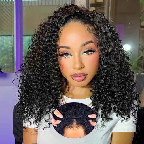 yamduly Half Wig Human Hair 200% Density Water Wave Glueless Wear and Go Wig with Adjustable String Seamless Flip Over Invisible Hairline Beginner Friendly Clip-In Headband Wig 16 Inch