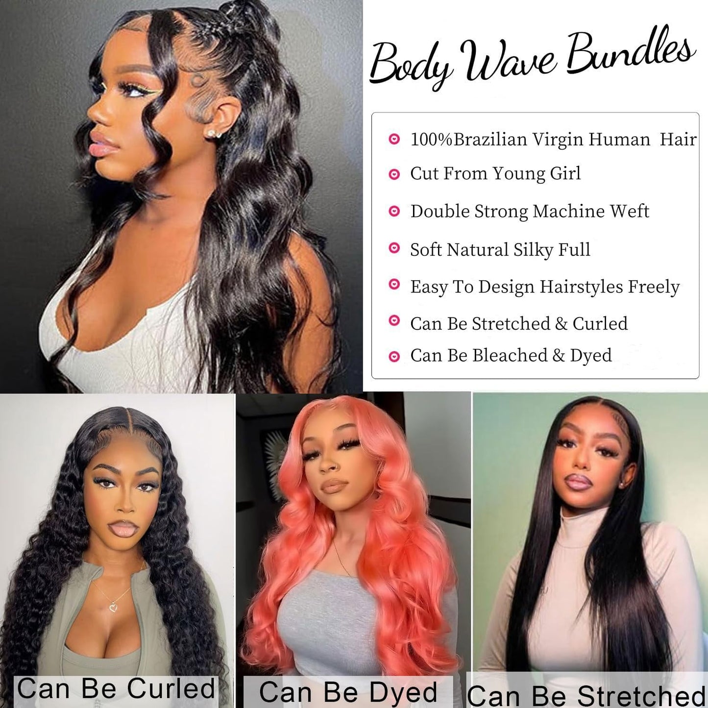 12A Body Wave Bundles Human Hair 24 24 24 24 Inch Human Hair Bundles 100% Unprocessed Brazilian Virgin Hair Bundles Human Hair Body Wave 4 Bundle Human Hair Extensions Real Human Hair Natural Black