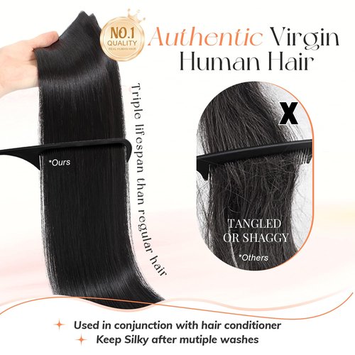 Black Hair Extensions OVO Dual-Sided Weft Human Hair Extensions Invisible Flat Weft Extensions, Natural Looking Seamless Human Hair Extensions for Added Volume & Length