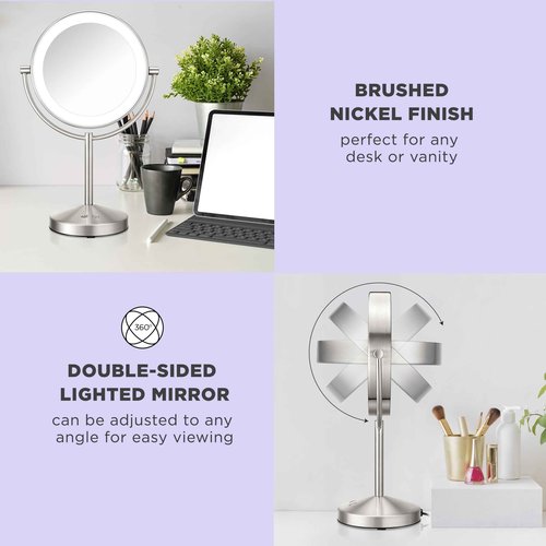 Conair Lighted Makeup Mirror, Double-Sided LED Vanity Mirror with 1X/10X Magnification, 3 Light Settings, 3 Modes, 360° Rotation, Satin Nickel Finish