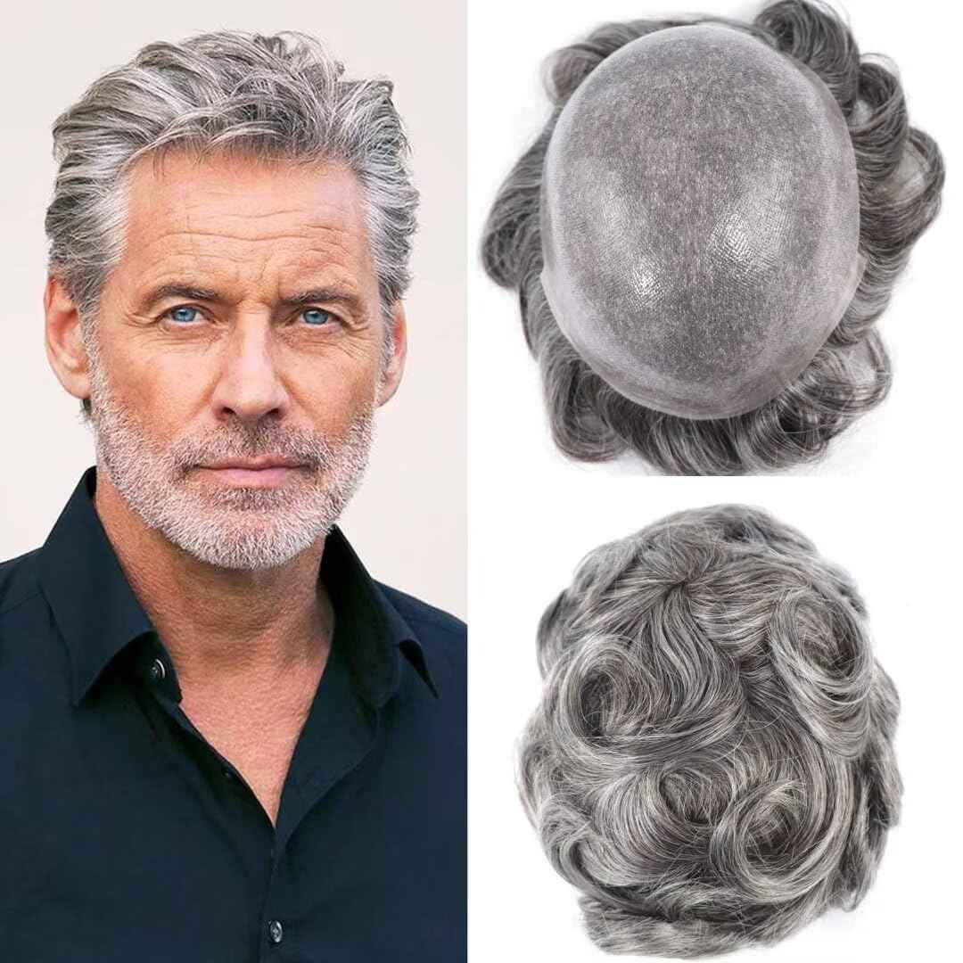 Grey Thin Skin Toupee for Men Hair System 8x10 Inch PU Poly Mens Toupee Human Hair Piece Replacement Hairpiece 450# Medium Brown with 50% Synthetic Gray