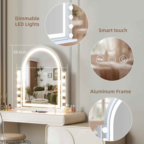 Hansong Hollywood Vanity Mirror with Lights 22.4"x23.4" Arched Lighted Makeup Mirror with Lights 12 Dimmable Bulbs Three Color Lighting Modes Detachable 10X Magnification Smart Touch Control