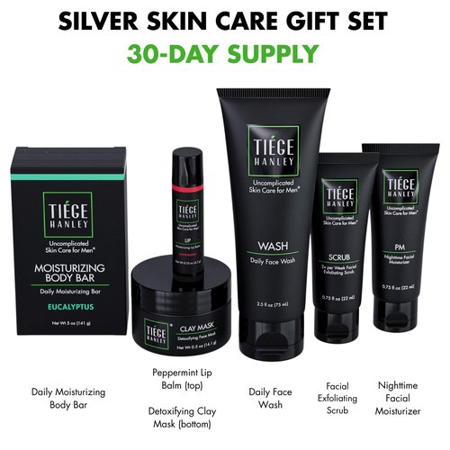 Tiege Hanley Skin Care Gift Box for Men, Silver Gifting Skincare Set With Daily Face Wash, Exfoliating Scrub, AM & PM Moisturizer, Clay Mask, Lip Balm, & Body Bar Soap, Men’s Skin Care, 6 Piece Set