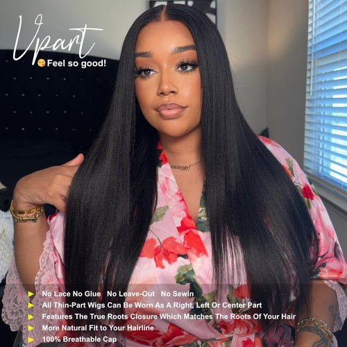 Sunber V Part Wig Human Hair Glueless Wig Yaki Straight Upgrade No Leave Out Vpart Yaki Straight Wigs 150% Density Glueless Clip in Half Wigs No Glue No Sew in Beginner Friendly 16Inch