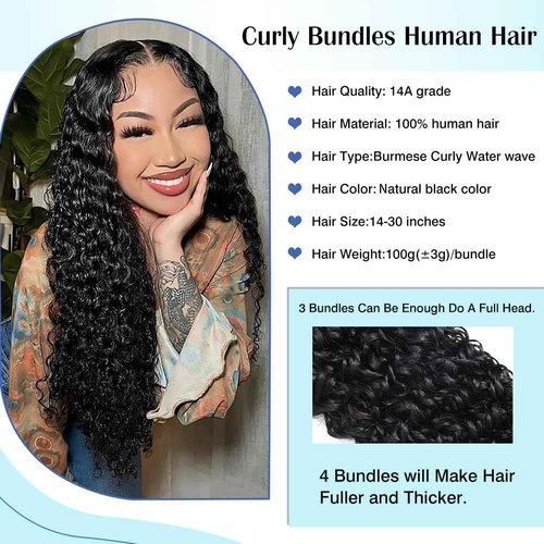 Younsolo Burmese Curly Bundles Human Hair 16 18 20 Inch 14A Curly Bundles Human Hair 100% Unprocessed Wet and Wavy 3 Bundles 3c4a Burmese Curly Water Wave with Spiral End Hair Extensions Natural Black