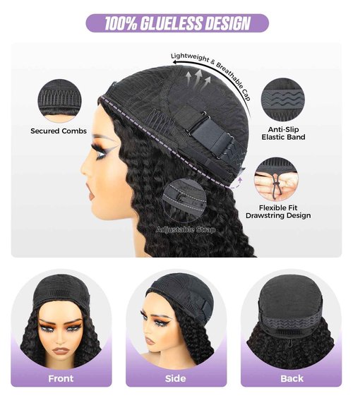 OQ Hair Water Wave Half Wig Human Hair Adjustable Drawstring 180% Density 3 In 1 Beginner Friendly Glueless Wear and Go Half Human Hair Wig for Women 18 Inch